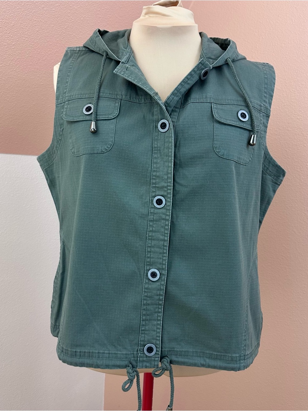 NWT Christopher & Banks Utility Vest XL Olive Green Hooded Sleeveless Cotton - Picture 2 of 12